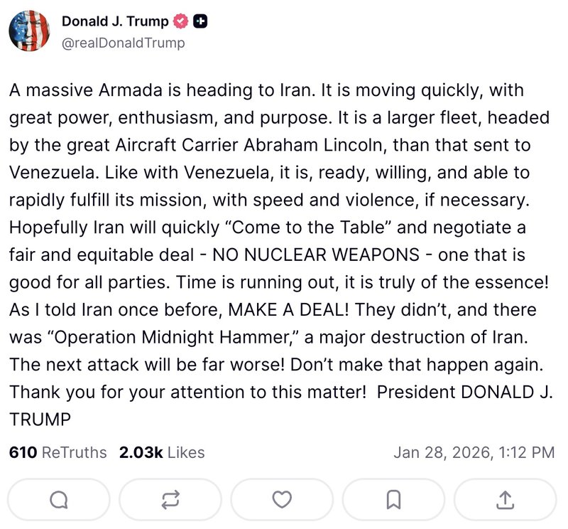 Donald Trumps inlägg på Truth Social. Foto: Skärmavbild